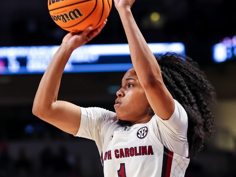 Jan 5, 2023; Columbia, South Carolina, USA; South Carolina Gamecocks guard Zia Cooke (1) shoots against the Auburn Tigers in the first half at Colonial Life Arena. Mandatory Credit: Jeff Blake-USA TODAY Sports