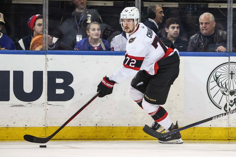 Apr 15, 2024; New York, New York, USA;  Ottawa Senators defenseman Thomas Chabot (72) controls the puck in the second period against the New York Rangers at Madison Square Garden. Mandatory Credit: Wendell Cruz-USA TODAY Sports