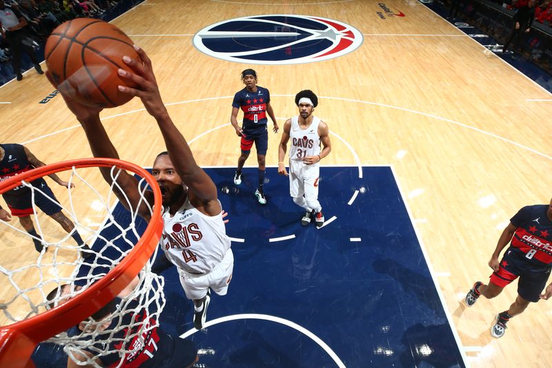 WASHINGTON, DC -? OCTOBER 26: Evan Mobley #4 of the Cleveland Cavaliers dunks the ball during the game against the Washington Wizards on October 26, 2024 at Capital One Arena in Washington, DC. NOTE TO USER: User expressly acknowledges and agrees that, by downloading and or using this Photograph, user is consenting to the terms and conditions of the Getty Images License Agreement. Mandatory Copyright Notice: Copyright 2024 NBAE (Photo by Stephen Gosling/NBAE via Getty Images)