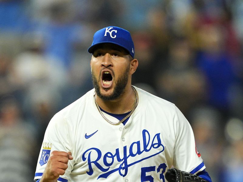 May 28, 2025; Kansas City, Missouri, USA; Kansas City Royals relief pitcher Carlos Estevez (53) celebrates after defeating the Cincinnati Reds at Kauffman Stadium. Mandatory Credit: Jay Biggerstaff-Imagn Images