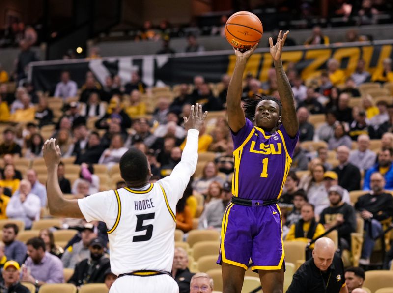 Feb 1, 2023; Columbia, Missouri, USA; LSU Tigers guard Cam Hayes (1) shoots over Missouri Tigers guard D'Moi Hodge (5) during the second half at Mizzou Arena. Mandatory Credit: Jay Biggerstaff-USA TODAY Sports