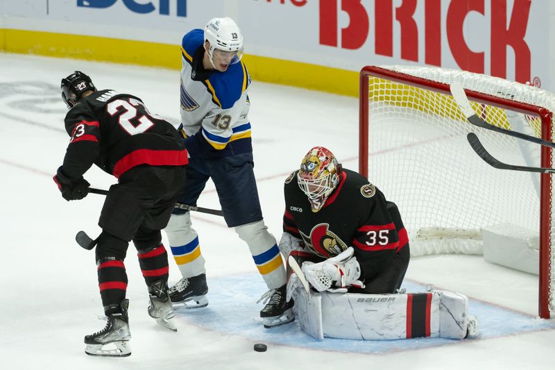 Oct 29, 2024; Ottawa, Ontario, CAN; Ottawa Senators goalie Linus Ullmark (35) makes a save in front of St. Louis Blues right wing Alexey Toropchenko (13) in the third period at the Canadian Tire Centre. Mandatory Credit: Marc DesRosiers-Imagn Images