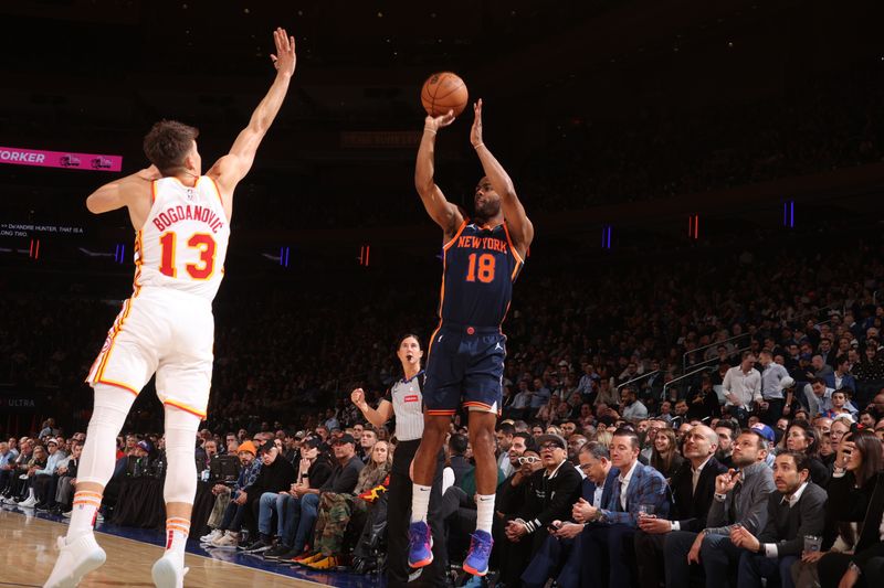 NEW YORK, NY - MARCH 5:  Alec Burks #18  of the New York Knicks shoots the ball during the game against the Atlanta Hawks shoots the ball during the game against the Atlanta Hawks on March 5, 2024 at Madison Square Garden in New York City, New York.  NOTE TO USER: User expressly acknowledges and agrees that, by downloading and or using this photograph, User is consenting to the terms and conditions of the Getty Images License Agreement. Mandatory Copyright Notice: Copyright 2024 NBAE  (Photo by Nathaniel S. Butler/NBAE via Getty Images)