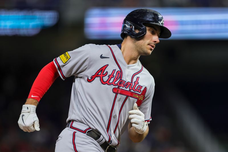 Sep 16, 2023; Miami, Florida, USA; Atlanta Braves first baseman Matt Olson (28) circles the bases after hitting a home run against the Miami Marlins during the sixth inning at loanDepot Park. Mandatory Credit: Sam Navarro-USA TODAY Sports