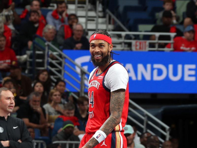 NEW ORLEANS, LA - NOVEMBER 15: Brandon Ingram #14 of the New Orleans Pelicans smiles during the game against the Denver Nuggets during the Emirates NBA Cup game on November 15, 2024 at the Smoothie King Center in New Orleans, Louisiana. NOTE TO USER: User expressly acknowledges and agrees that, by downloading and or using this Photograph, user is consenting to the terms and conditions of the Getty Images License Agreement. Mandatory Copyright Notice: Copyright 2024 NBAE (Photo by Layne Murdoch Jr./NBAE via Getty Images)