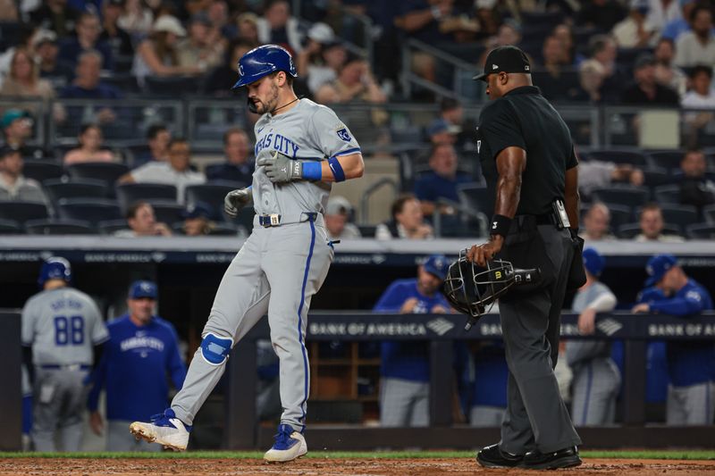 Sep 11, 2024; Bronx, New York, USA; Kansas City Royals second baseman Michael Massey (19) scores a run after hitting a solo home run during the fourth inning against the against the New York Yankees at Yankee Stadium. Mandatory Credit: Vincent Carchietta-Imagn Images