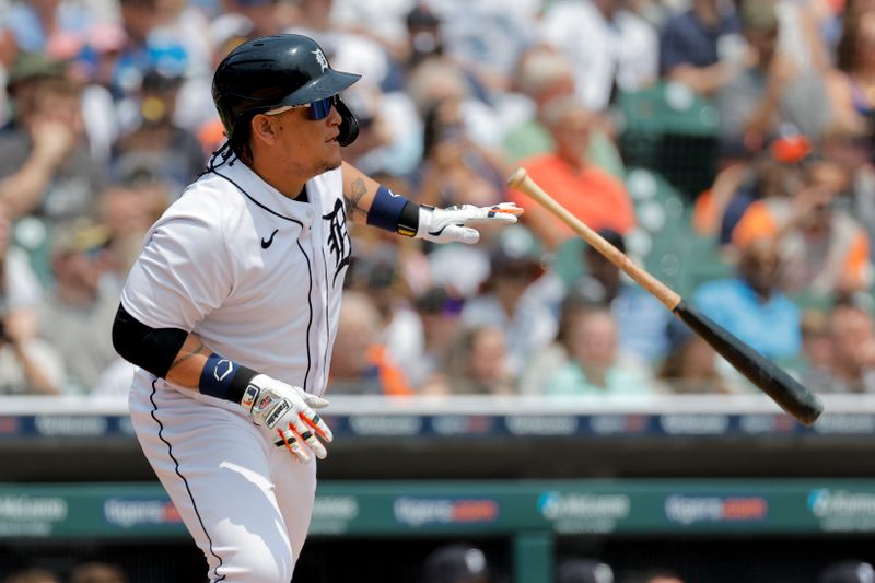 Jun 10, 2023; Detroit, Michigan, USA;  Detroit Tigers designated hitter Miguel Cabrera (24) hits a double in the second inning against the Arizona Diamondbacks at Comerica Park. Mandatory Credit: Rick Osentoski-USA TODAY Sports