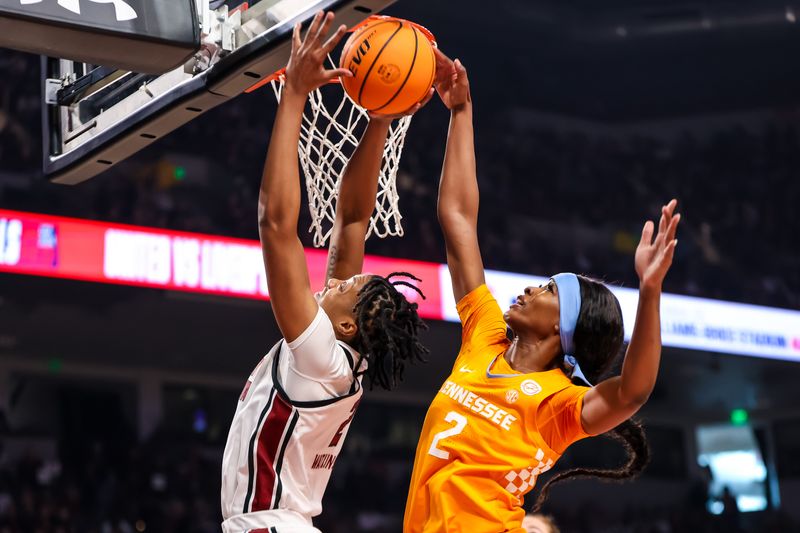 Mar 3, 2024; Columbia, South Carolina, USA; Tennessee Lady Vols forward Rickea Jackson (2) blocks the shot of South Carolina Gamecocks forward Ashlyn Watkins (2) in the first half at Colonial Life Arena. Mandatory Credit: Jeff Blake-USA TODAY Sports