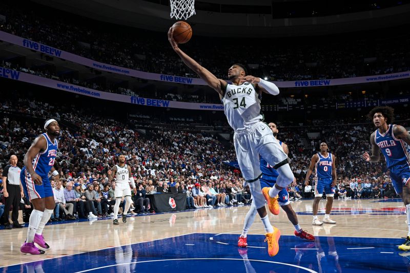 PHILADELPHIA, PA - OCTOBER 23: Giannis Antetokounmpo #34 of the Milwaukee Bucks drives to the basket during the game against the Philadelphia 76ers on October 23, 2024 at the Wells Fargo Center in Philadelphia, Pennsylvania NOTE TO USER: User expressly acknowledges and agrees that, by downloading and/or using this Photograph, user is consenting to the terms and conditions of the Getty Images License Agreement. Mandatory Copyright Notice: Copyright 2024 NBAE (Photo by David Dow/NBAE via Getty Images)