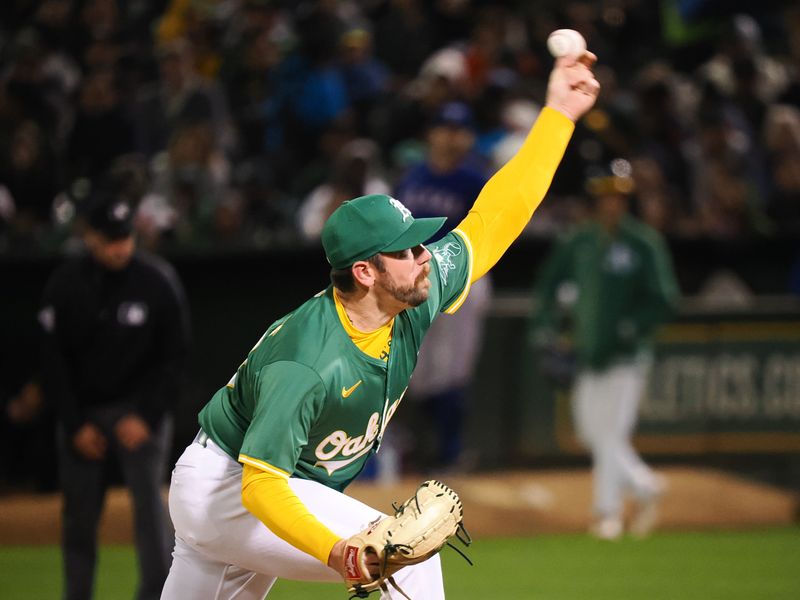 Sep 25, 2024; Oakland, California, USA; Oakland Athletics relief pitcher Hogan Harris (63) pitches the ball against the Texas Rangers during the seventh inning at Oakland-Alameda County Coliseum. Mandatory Credit: Kelley L Cox-Imagn Images