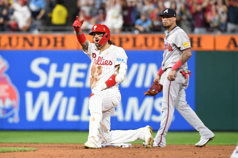 Sep 1, 2024; Philadelphia, Pennsylvania, USA; Philadelphia Phillies outfielder Nick Castellanos (8) celebrates his two RBI double against the Atlanta Braves during the sixth inning at Citizens Bank Park. Mandatory Credit: Eric Hartline-USA TODAY Sports