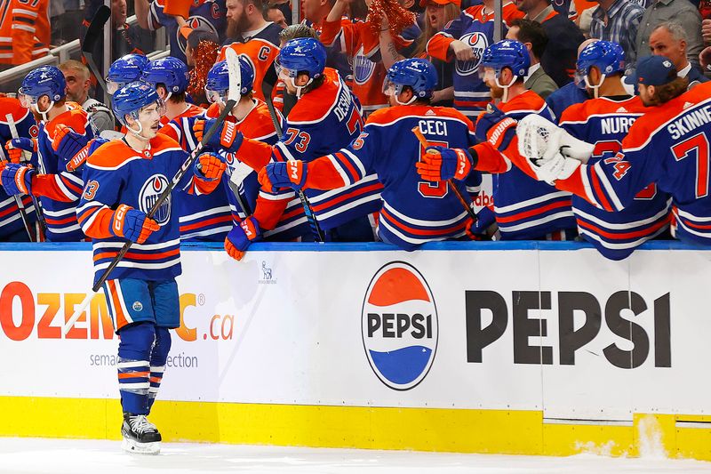 May 14, 2024; Edmonton, Alberta, CAN; The Edmonton Oilers celebrate a goal scored by forward Ryan Nugent-Hopkins (93) during the second period against the Vancouver Canucks in game four of the second round of the 2024 Stanley Cup Playoffs at Rogers Place. Mandatory Credit: Perry Nelson-USA TODAY Sports