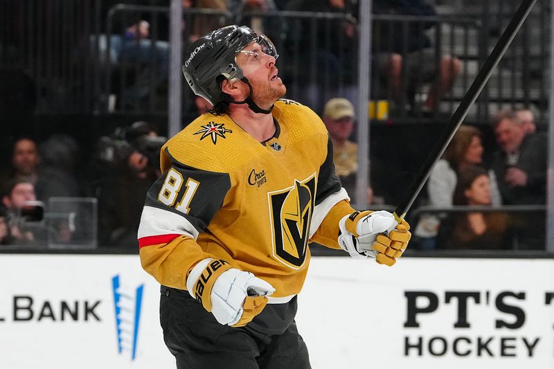 Mar 7, 2024; Las Vegas, Nevada, USA; Vegas Golden Knights right wing Jonathan Marchessault (81) reacts after missing on a scoring chance against the Vancouver Canucks during the second period at T-Mobile Arena. Mandatory Credit: Stephen R. Sylvanie-USA TODAY Sports