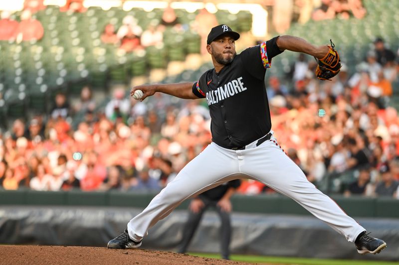 Jun 28, 2024; Baltimore, Maryland, USA;  Baltimore Orioles pitcher Albert Suárez (49) throws a second inning pitch against the Texas Rangers at Oriole Park at Camden Yards. Mandatory Credit: Tommy Gilligan-USA TODAY Sports