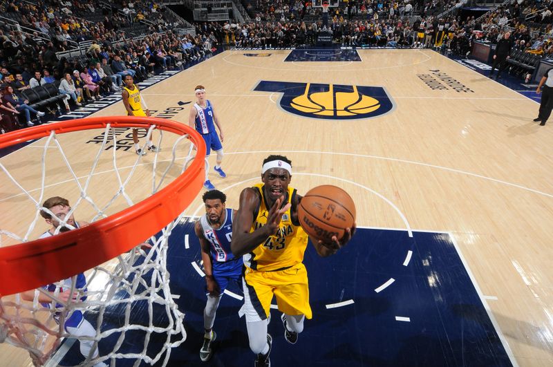 INDIANAPOLIS, IN - FEBRUARY 2: Pascal Siakam #43 of the Indiana Pacers drives to the basket during the game against the Sacramento Kings on February 2, 2024 at Gainbridge Fieldhouse in Indianapolis, Indiana. NOTE TO USER: User expressly acknowledges and agrees that, by downloading and or using this Photograph, user is consenting to the terms and conditions of the Getty Images License Agreement. Mandatory Copyright Notice: Copyright 2024 NBAE (Photo by Ron Hoskins/NBAE via Getty Images)