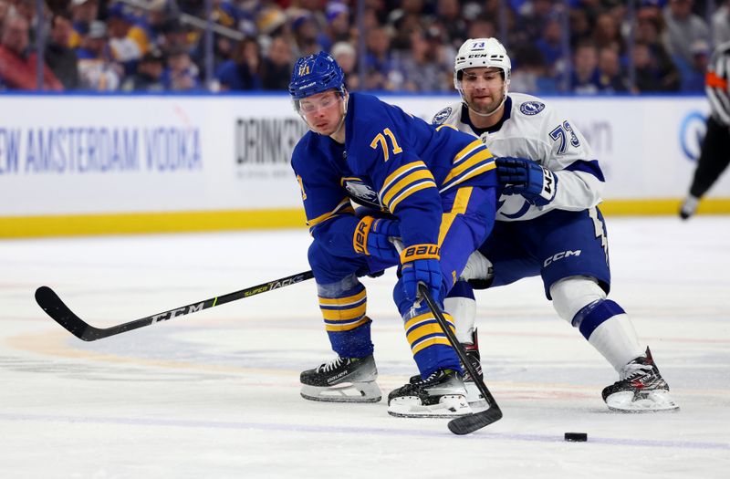 Jan 20, 2024; Buffalo, New York, USA;  Buffalo Sabres left wing Victor Olofsson (71) looks to control the puck as Tampa Bay Lightning left wing Conor Sheary (73) defends during the second period at KeyBank Center. Mandatory Credit: Timothy T. Ludwig-USA TODAY Sports