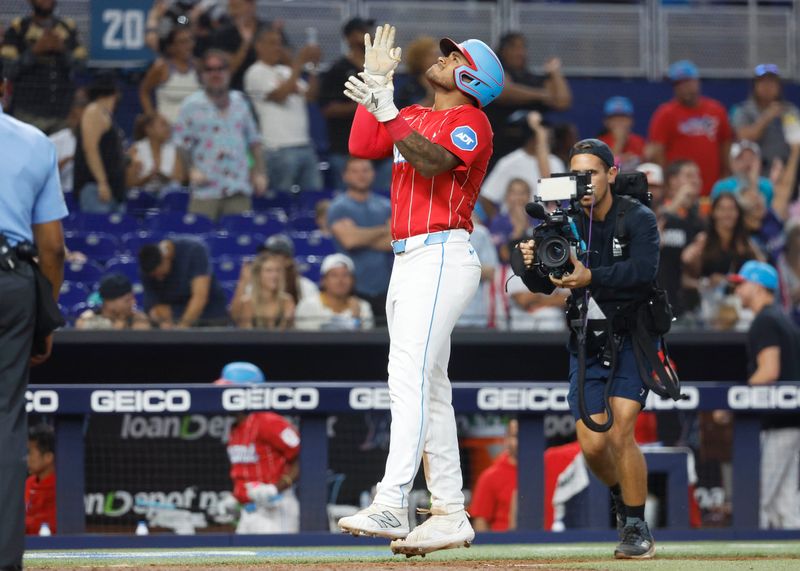 Jul 6, 2024; Miami, Florida, USA; Miami Marlins right fielder Dane Myers (54) celebrates his two run home run against the Chicago White Sox during the seventh inning at loanDepot Park. Mandatory Credit: Rhona Wise-USA TODAY Sports