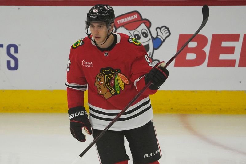 Nov 6, 2024; Chicago, Illinois, USA; Chicago Blackhawks right wing Ilya Mikheyev (95) warms up before a game against the Detroit Red Wings at United Center. Mandatory Credit: David Banks-Imagn Images