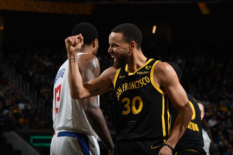 SAN FRANCISCO, CA - FEBRUARY 14: Stephen Curry #30 of the Golden State Warriors celebrates during the game against the LA Clippers on FEBRUARY 14, 2024 at Chase Center in San Francisco, California. NOTE TO USER: User expressly acknowledges and agrees that, by downloading and or using this photograph, user is consenting to the terms and conditions of Getty Images License Agreement. Mandatory Copyright Notice: Copyright 2024 NBAE (Photo by Noah Graham/NBAE via Getty Images)