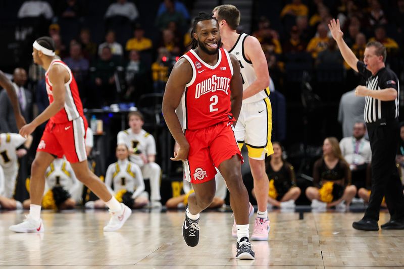 Mar 14, 2024; Minneapolis, MN, USA; Ohio State Buckeyes guard Bruce Thornton (2) celebrates his three-point basket against the Iowa Hawkeyes during the first half at Target Center. Mandatory Credit: Matt Krohn-USA TODAY Sports