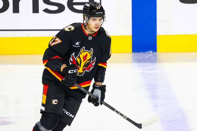 Oct 26, 2024; Calgary, Alberta, CAN; Calgary Flames center Yegor Sharangovich (17) skates during the warmup period against the Winnipeg Jets at Scotiabank Saddledome. Mandatory Credit: Sergei Belski-Imagn Images