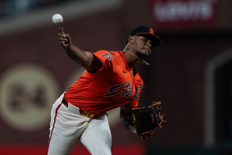 Jul 26, 2024; San Francisco, California, USA;  San Francisco Giants pitcher Camilo Doval (75) pitches during the ninth inning against the Colorado Rockies at Oracle Park. Mandatory Credit: Stan Szeto-USA TODAY Sports