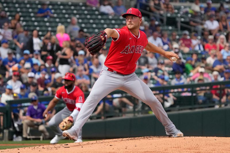 Mar 6, 2024; Mesa, Arizona, USA; Los Angeles Angels starting pitcher Reid Detmers (48) throws against the Chicago Cubs in the first inning at Sloan Park. Mandatory Credit: Rick Scuteri-USA TODAY Sports