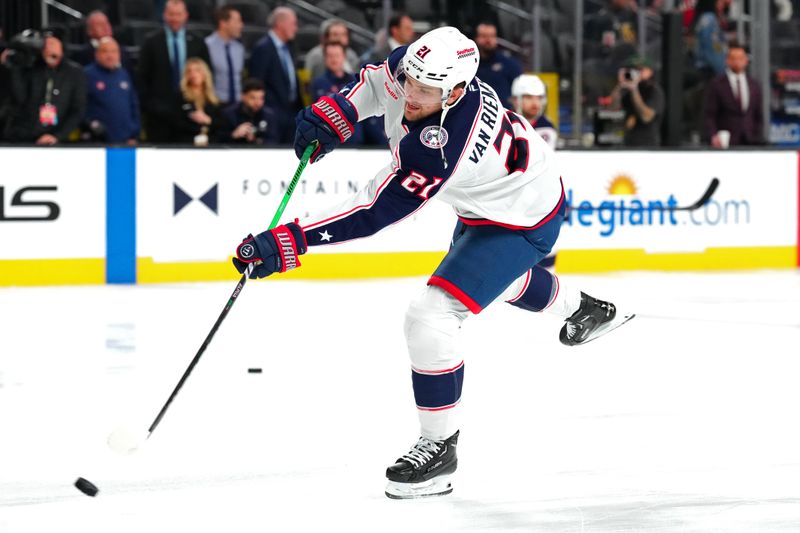 Jan 30, 2025; Las Vegas, Nevada, USA; Columbus Blue Jackets left wing James van Riemsdyk (21) warms up before a game against the Vegas Golden Knights at T-Mobile Arena. Mandatory Credit: Stephen R. Sylvanie-Imagn Images