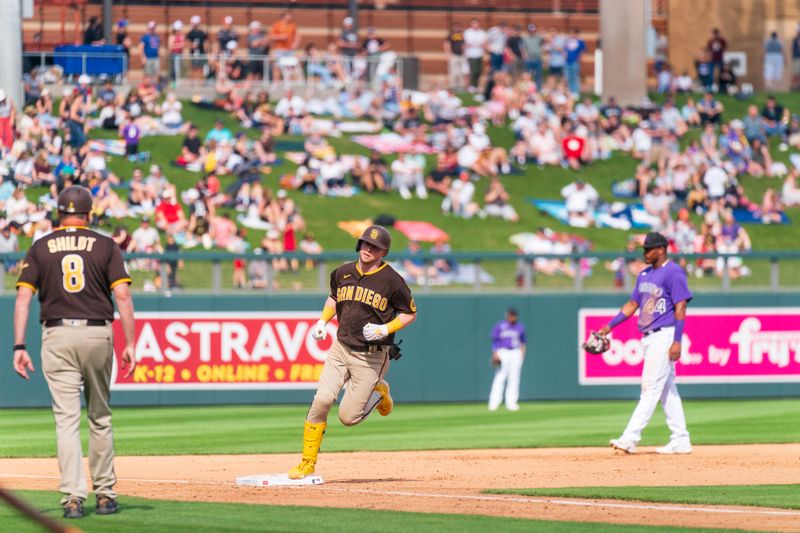 Mar 16, 2023; Salt River Pima-Maricopa, Arizona, USA; San Diego Padres outfielder Trent Grisham (1) rounds third after hitting a home run in the fifth inning during a spring training game against the Colorado Rockies at Salt River Fields at Talking Stick. Mandatory Credit: Allan Henry-USA TODAY Sports 