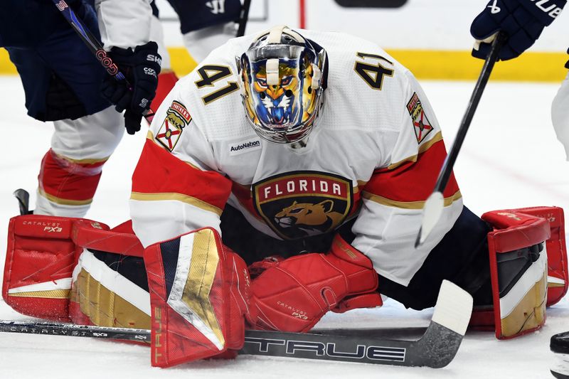 Jan 22, 2024; Nashville, Tennessee, USA; Florida Panthers goaltender Anthony Stolarz (41) hangs onto the puck after a save during the first period against the Nashville Predators at Bridgestone Arena. Mandatory Credit: Christopher Hanewinckel-USA TODAY Sports