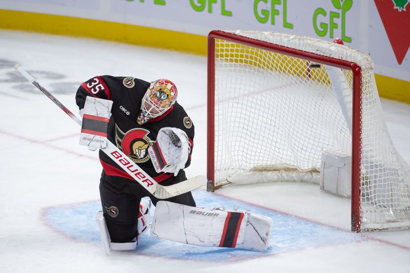 Oct 5, 2024; Ottawa, Ontario, CAN; Ottawa Senators goalie Linus Ullmark (35) is unable to stop the puck in the third period against the Montreal Canadiens at the Canadian Tire Centre. Mandatory Credit: Marc DesRosiers-Imagn Images