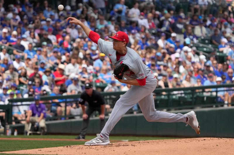 Mar 26, 2024; Mesa, Arizona, USA; St. Louis Cardinals starting pitcher Kyle Gibson (44) throws against the Chicago Cubs in the first inning at Sloan Park. Mandatory Credit: Rick Scuteri-USA TODAY Sports