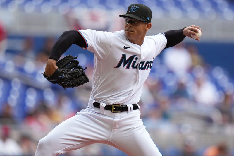 Apr 5, 2023; Miami, Florida, USA;  Miami Marlins starting pitcher Jesus Luzardo (44) pitches against the Minnesota Twins in the first inning at loanDepot Park. Mandatory Credit: Jim Rassol-USA TODAY Sports