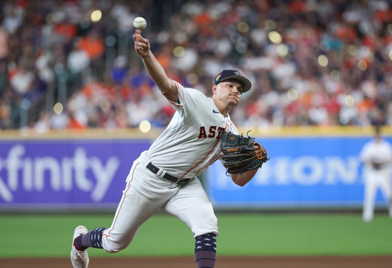 Jul 4, 2023; Houston, Texas, USA; Houston Astros starting pitcher Brandon Bielak (64) delivers a pitch during the seventh inning against the Colorado Rockies at Minute Maid Park. Mandatory Credit: Troy Taormina-USA TODAY Sports