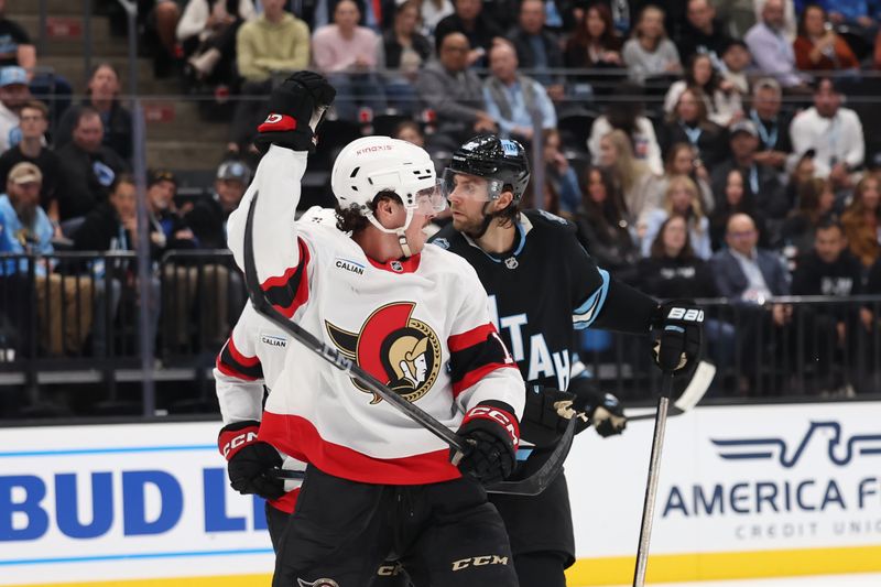 Oct 22, 2024; Salt Lake City, Utah, USA; Ottawa Senators right wing Zack MacEwen (17) reacts to scoring a goal against the Utah Hockey Club during the first period at Delta Center. Mandatory Credit: Rob Gray-Imagn Images