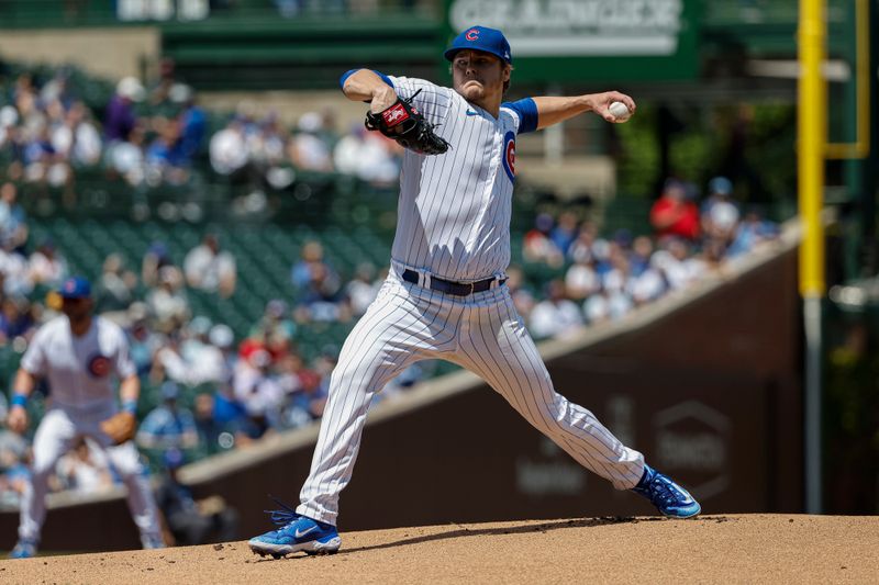 May 5, 2023; Chicago, Illinois, USA; Chicago Cubs starting pitcher Justin Steele (35) pitches against the Miami Marlins during the first inning at Wrigley Field. Mandatory Credit: Kamil Krzaczynski-USA TODAY Sports