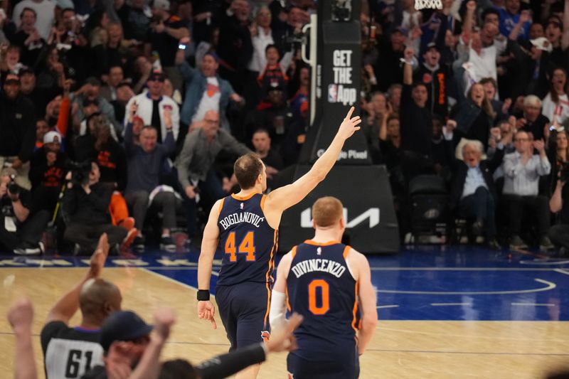 NEW YORK, NY - APRIL 22: Bojan Bogdanovic #44 of the New York Knicks celebrates during the game against the Philadelphia 76ers during Round 1 Game 2 of the 2024 NBA Playoffs on April 22, 2024 at Madison Square Garden in New York City, New York.  NOTE TO USER: User expressly acknowledges and agrees that, by downloading and or using this photograph, User is consenting to the terms and conditions of the Getty Images License Agreement. Mandatory Copyright Notice: Copyright 2024 NBAE  (Photo by Jesse D. Garrabrant/NBAE via Getty Images)