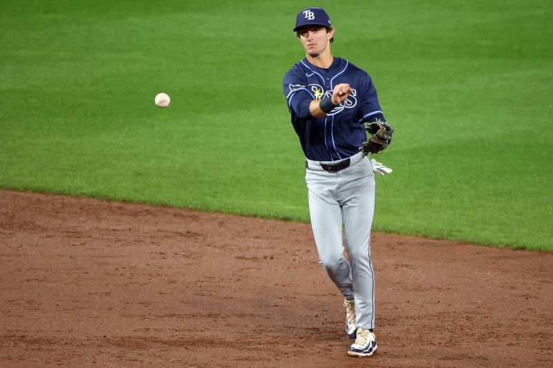 Sep 23, 2025; Baltimore, Maryland, USA; Tampa Bay Rays shortstop Carson Williams (7) throws to first for an out during the fourth inning against the Baltimore Orioles at Oriole Park at Camden Yards. Mandatory Credit: Daniel Kucin Jr.-Imagn Images