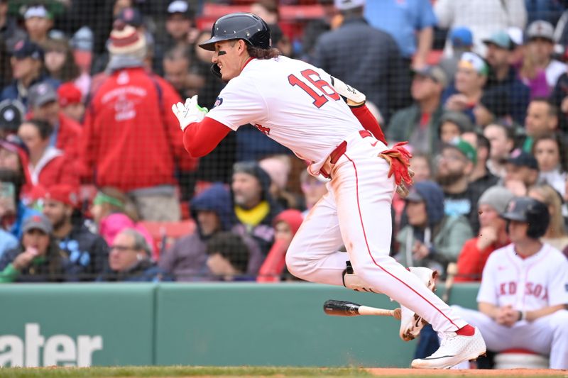 Apr 18, 2024; Boston, Massachusetts, USA; Boston Red Sox left fielder Jarren Duran (16) runs after hitting the ball against the Cleveland Guardians during the second inning at Fenway Park. Mandatory Credit: Eric Canha-USA TODAY Sports