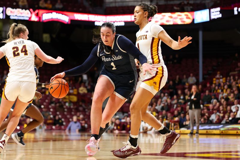 Jan 31, 2024; Minneapolis, Minnesota, USA; Penn State Nittany Lions forward Ali Brigham (1) works around Minnesota Golden Gophers forward Ayianna Johnson (1) during the second half at Williams Arena. Mandatory Credit: Matt Krohn-USA TODAY Sports