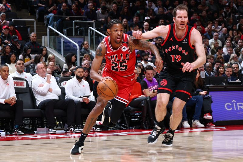 TORONTO, CANADA - JANUARY 31:  Dalen Terry #25 of the Chicago Bulls dribbles the ball during the game against the Toronto Raptors on January 31, 2025 at the Scotiabank Arena in Toronto, Ontario, Canada.  NOTE TO USER: User expressly acknowledges and agrees that, by downloading and or using this Photograph, user is consenting to the terms and conditions of the Getty Images License Agreement.  Mandatory Copyright Notice: Copyright 2025 NBAE (Photo by Vaughn Ridley/NBAE via Getty Images)