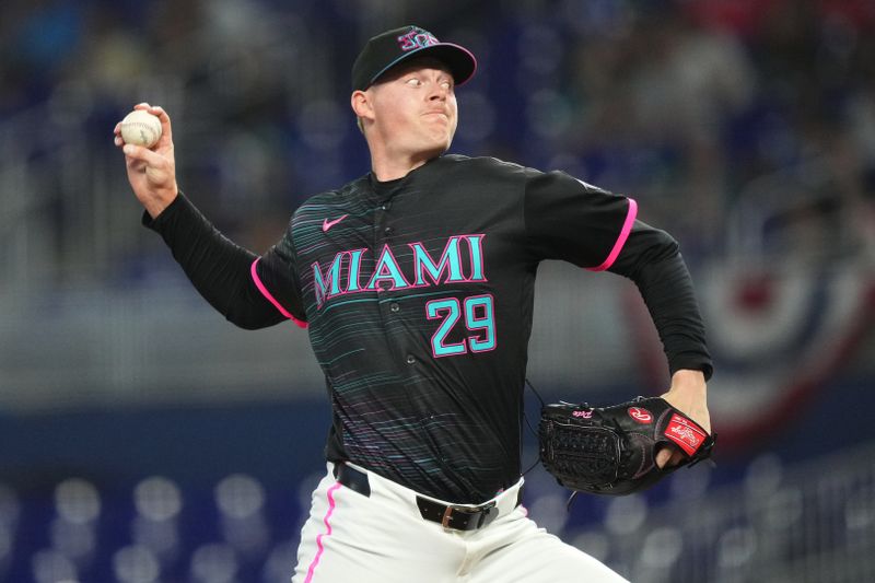 Mar 28, 2026; Miami, Florida, USA;  Miami Marlins relief pitcher Pete Fairbanks (29) pitches against the Colorado Rockies in the ninth inning at loanDepot Park. Mandatory Credit: Jim Rassol-Imagn Images