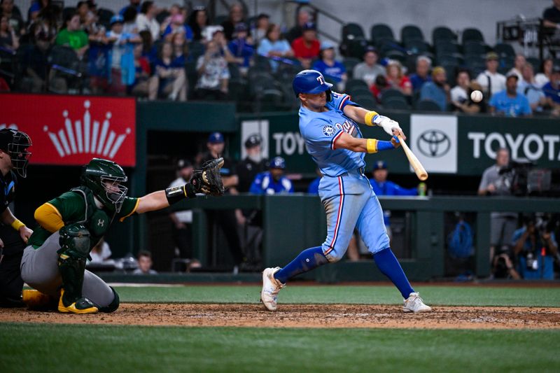 Sep 1, 2024; Arlington, Texas, USA; Texas Rangers third baseman Josh Jung (6) hits a game winning three run walk-off home run during the tenth inning against the Oakland Athletics at Globe Life Field. Mandatory Credit: Jerome Miron-USA TODAY Sports