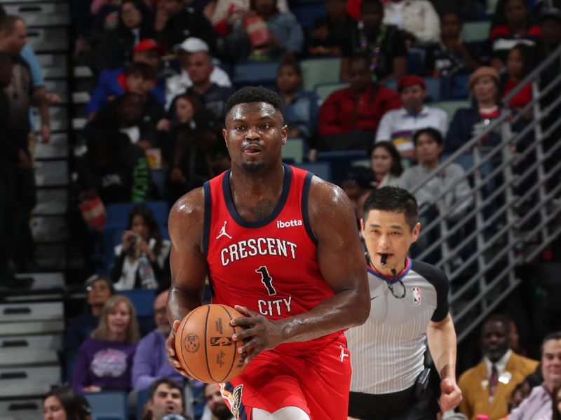 NEW ORLEANS, LA - FEBRUARY 14: Zion Williamson #1 of the New Orleans Pelicans handles the ball during the game against the Washington Wizards on February 14, 2024 at the Smoothie King Center in New Orleans, Louisiana. NOTE TO USER: User expressly acknowledges and agrees that, by downloading and or using this Photograph, user is consenting to the terms and conditions of the Getty Images License Agreement. Mandatory Copyright Notice: Copyright 2024 NBAE (Photo by Layne Murdoch Jr./NBAE via Getty Images)