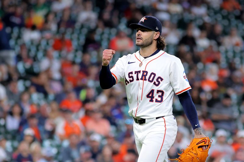 May 28, 2025; Houston, Texas, USA; Houston Astros starting pitcher Lance McCullers Jr. (43) reacts after a strikeout to retire the side against the Athletics during the fourth inning at Daikin Park. Mandatory Credit: Erik Williams-Imagn Images