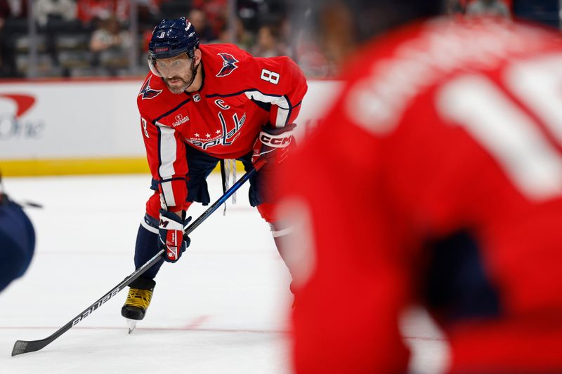 Sep 28, 2023; Washington, District of Columbia, USA; Washington Capitals left wing Alex Ovechkin (8) lines up for a face off against the Detroit Red Wings in the first period at Capital One Arena. Mandatory Credit: Geoff Burke-USA TODAY Sports