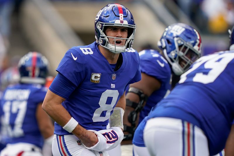 New York Giants quarterback Daniel Jones (8) calls an audible at the line of scrimmage during the first quarter of an NFL football game against the Houston Texans, Sunday, Nov. 13, 2022, in East Rutherford, N.J. (AP Photo/John Minchillo)