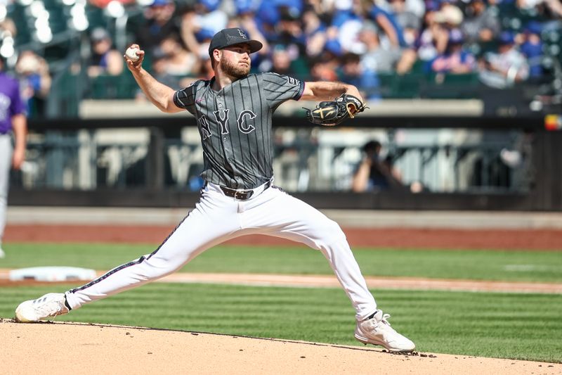 Jul 13, 2024; New York City, New York, USA;  New York Mets starting pitcher Christian Scott (45) pitches in the first inning against the Colorado Rockies at Citi Field. Mandatory Credit: Wendell Cruz-USA TODAY Sports