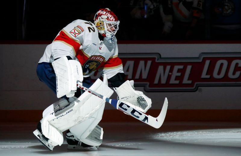 Feb 14, 2024; Pittsburgh, Pennsylvania, USA; Florida Panthers goaltender Sergei Bobrovsky (72) takes the ice against the Pittsburgh Penguins during the first period at PPG Paints Arena. Mandatory Credit: Charles LeClaire-USA TODAY Sports