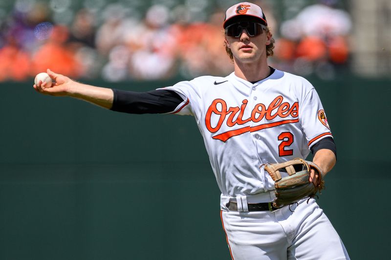 Aug 27, 2023; Baltimore, Maryland, USA; Baltimore Orioles third baseman Gunnar Henderson (2) throws to first base during the second inning against the Colorado Rockies at Oriole Park at Camden Yards. Mandatory Credit: Reggie Hildred-USA TODAY Sports